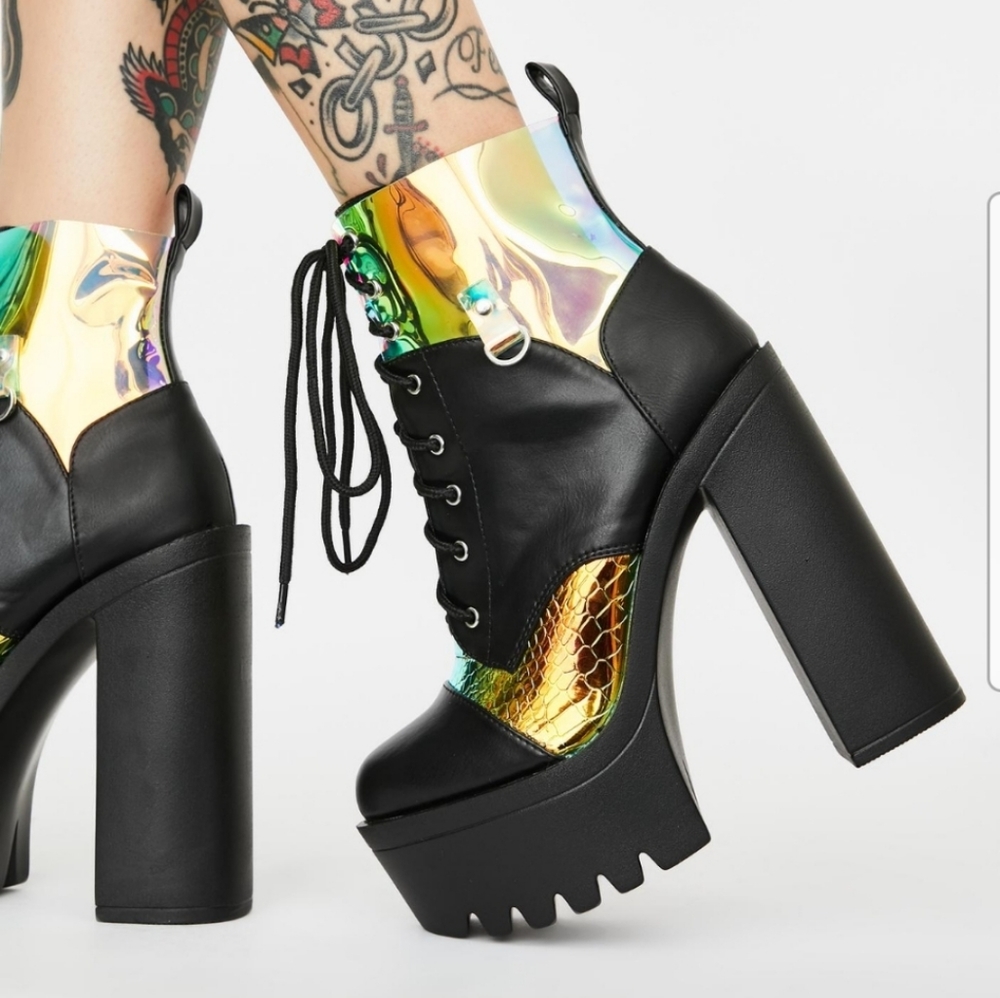 Major Threat Holographic Lace Up Heeled Boots